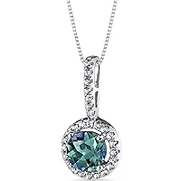 PEORA Created Alexandrite Halo Pendant for Women 14K White Gold with Genuine White Topaz, 1 Carat Round Shape 6mm, with 18 inch Chain
