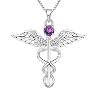 YL Nurse Necklace 925 Sterling Silver cut 12 Birthstone Cubic Zirconia Angel Wings Caduceus RN Registered Pendant Necklace