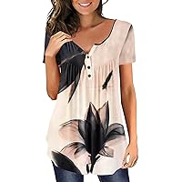 Womens Tops Hide Belly Tunic 2022 Summer Short Sleeve T Shirts Cute Flowy Henley Tshirt Casual Dressy Blouses for Leggings