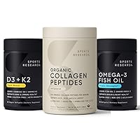 Sports Research Vitamin D3 + K2 (5000iu), Organic Collagen Peptides (Unflavored) and Triple Strength Omega 3 Fish Oil (1250 mg)