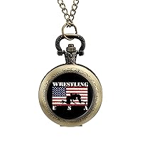 Wrestling American Flag Vintage Pocket Watches with Chain for Men Fathers Day Xmas Present Daily Use