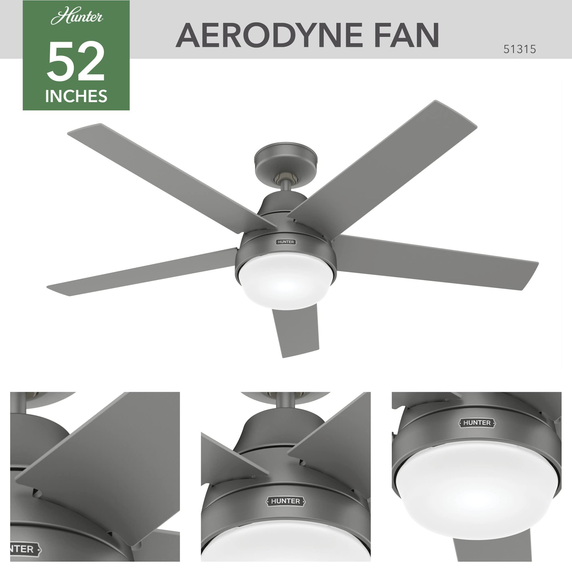 Hunter Fan Company 51315 Aerodyne Ceiling Fan, 52, Matte Silver