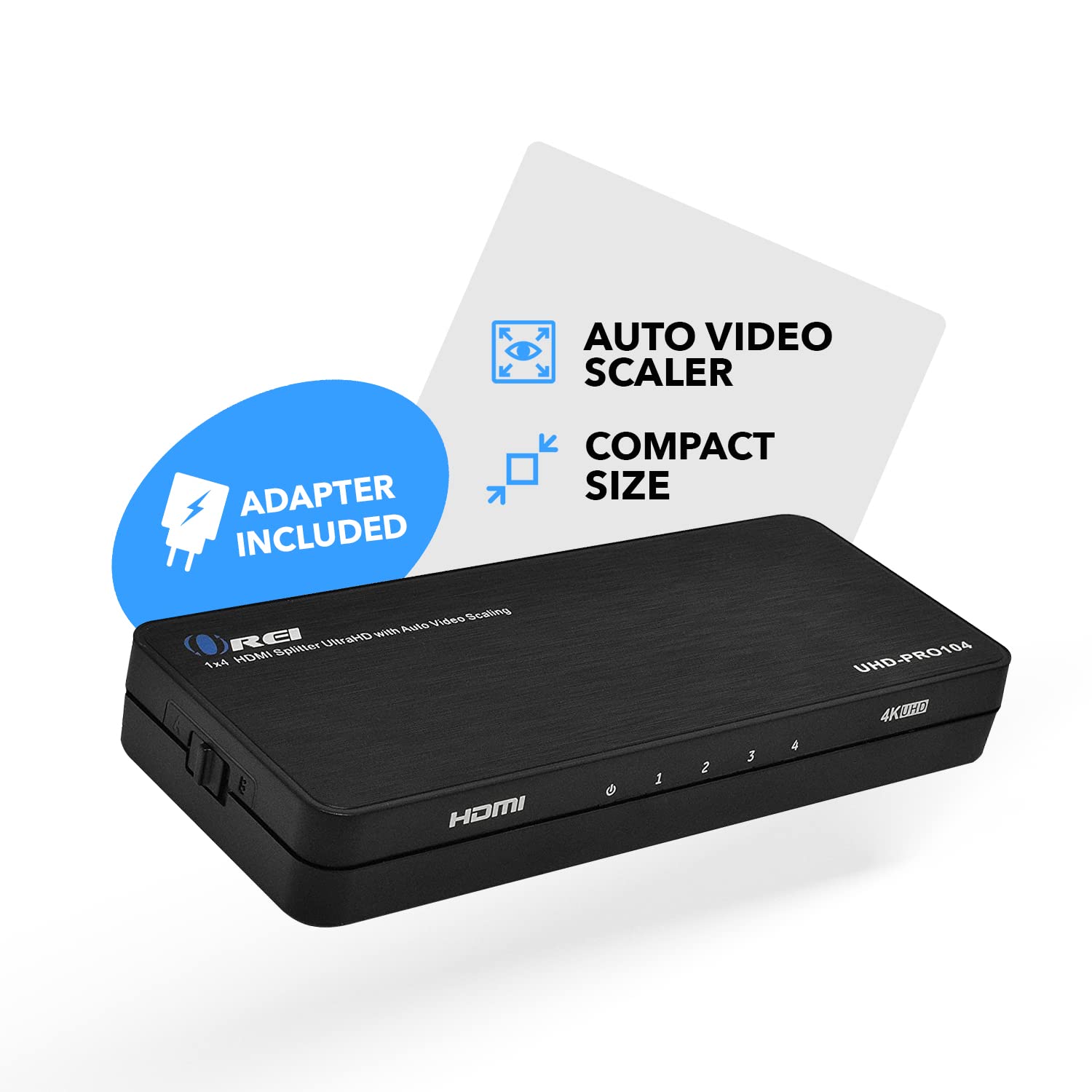 OREI 4K 1x4 HDMI Splitter Duplicater - with Down Scaler 4 Ports with Full Ultra HD, HDCP 2.2, Upto 4K at 60Hz, 1080p & 3D Supports EDID Control - UHDPRO-104, Model Number: UHD-PRO104