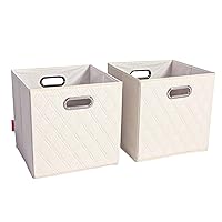 12 inch Beige Foldable Diamond Patterned Faux Leather Storage Cube Bins Set of Two with Handles for living room, bedroom and office storage