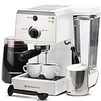 EspressoWorks All-In-One Espresso Machine with Milk Frother 7-Piece Set - Cappuccino Maker Includes Grinder, Frothing Pitcher, Cups, Spoon and Tamper - Coffee Gifts (White)