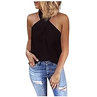 Womens Summer Tops 2023 Halter Summer Sleeveless Tshirt Tops Flowy Loose Fit Pleated Tank Top Basic Sexy Vest Cami A-Black