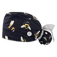 2 Pcs Nurse Scrub Caps Women Long Hair, Bee Pattern Adjustable Working Cap with Button and Sweatband