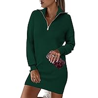 Pink Queen Women's 2023 Fall Sweater Dresses Zip Up Collar V Neck Long Sleeve Loose Ribbed Knit Mini Short Dress