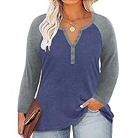 RITERA Plus Size Tops for Women Long Sleeve V Neck Raglan Button Tunic Blouses Loose Fit Henley Shirt Blue Gray 4XL