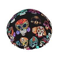 Mexican Colourful Skull Print Shower Cap, Bath Shower Caps for Women Long Hair, Double Layer Waterproof Bathing Shower Hat