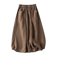 Cotton Linen Skirt for Ladies Button Down Elastic Waist Midi Skirt Solid Drawstring Flowy Skirt Lightweight Summer Skirt