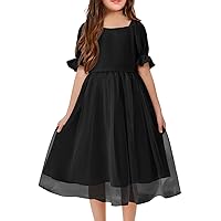 Batermoon Girls Summer Tutu Tulle Dress Puff Short Sleeve Square Neck Flowy Sundress Casual Party Midi Dresses 5-14Y