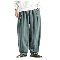 Mens Baggy Pants Drawstring Cotton Linen Wide Leg Yoga Pants Solid Color Baggy Pants