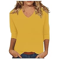 3/4 Length Sleeve Tops for Womens Casual Loose Fit V-Neck T Shirts Cute Solid Color Tunic Tops Summer Trendy Pullover