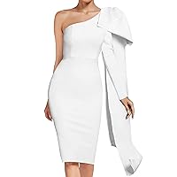 UONBOX Women's One Shoulder Bowknot Long Sleeve Bodycon Knee Length Club Party Bandage Dress