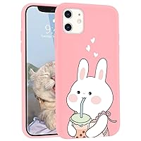 Cute Cartoon Bunny Designed for iPhone 12 Mini Cases, Kawaii Drink Pearl Milk Tea Pink Liquid Silicone Soft Gel Rubber Phone Cover for Women Girls