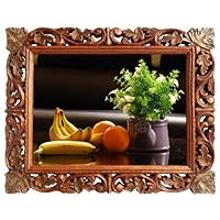 Banana, Orange & Flower Wall Paper Framed Into Hand Carved Wood Craft Frame