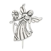925 Sterling Silver Polished Satin Finish D Cut Bending Religious Guardian Angel Flower Pin Measures 38x27mm Wide Jewelry for Women