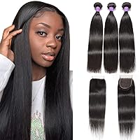 8A Peruvian Straight Human Hair 3 Bundles with Lace Closure 100% Unprocessed Peruvian Straight Virgin Hair Weave Bundles with 4x4 Lace Closure Hair Extensions 1B Color (18 20 22+16,Free Part)