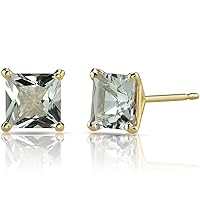 Peora 14K Yellow Gold Green Amethyst Stud Earrings for Women, Genuine Gemstone Solitaire Princess Cut, 6mm, 2 Carats total, Friction Back