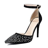 Women's Denim Stiletto Heels Rhinestone Pointed Toe Ankle Strap High Heel Pump Shoes for Wedding Party Dressy