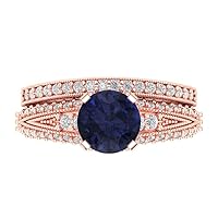 Clara Pucci 2.10ct Round Cut Solitaire Genuine Blue Sapphire Simulant Engagement Promise Anniversary Bridal Ring Band set 18K Rose Gold