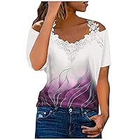 Women's Casual Shoulder V Neck Shirts Loose Fit Summer Tee Tops Basic Lace Patchwork Tunic Fashion Printed Blouses