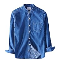 Men's Long Sleeved Denim Shirt, Cotton O-Neck Stand Collar, Elastic Jeans Solid Color Top