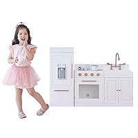 Teamson Kids Little Chef Paris Modular Contemporary Interactive Wooden Play Kitchen with Refrigerator, Oven, Sink, and Storage Space for Easy Clean Up, White with Rose Gold Finishes
