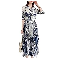 Long Dress Women's Spring Summer Blue White Dress Printing Slim Dress Shirt Sleeves Dress Fold