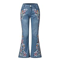 Women's Jeans Embroidery Destoryed Flare Jeans Button Waist Bell Bottom Denim Pants Cute Jeans, XS-4XL