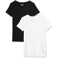 Amazon Essentials Women's Classic-Fit Short-Sleeve V-Neck T-Shirt, Pack of 2, Black/White, Medium