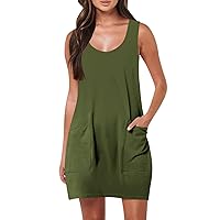 Sundress Women Beach Dress for Women 2024 Solid Color Classic Simple Loose Casual with Sleeveless Round Neck Pockets Dresses Army Green XX-Large
