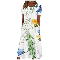 Summer Midi Short Sleeve Cover Up Ladie's Work Beautiful Crewneck with Pockets Loose Fitting Tunic Dress.