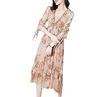 Women's Summer Dress,Floral Real Silk Outfit for Vacation