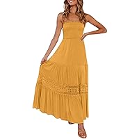 Womens Summer Bohemian Strapless Off Shoulder Lace Trim Backless Flowy A Line Beach Long Maxi Dress