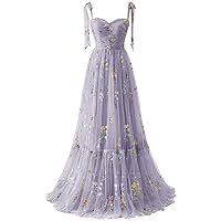 Wchecalino Women's Flower Embroidery Tulle Prom Dresses 2024 Long Spaghetti Straps Evening Party Gowns