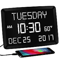 11.5” Digital Wall Clock with Date,Time,Week,Indoor Temperature,3 Alarms,5 Dimmer,2 USB Chargers,Battery Backup,Snooze,12/24H for Elderly,Parents,Impaired Vision,Dementia,Memory Loss,Office,Bedroom