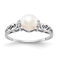 Jewels By Lux Solid 14k White Gold 6mm FW Cultured Pearl/AA Diamond Polished Ring Available in Sizes 4 to 8 (Band Width: 1 to 4 mm)