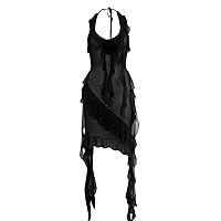 Asymmetrical Hem Mesh Dress (Color : Black, Size : Small)