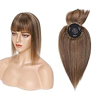 MY-LADY Human Hair Topper for Women with Bangs 10 Inch 150% Density Hairpieces Natural Mono Base Topper Middle Part for Hair Loss Thinning Hair Gray 10