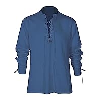 Mens Vintage Stand Collar Tee Shirt Lace Up V Neck Shirts Casual Plain Long Sleeve T-Shirt Soft Linen Vacation Shirt