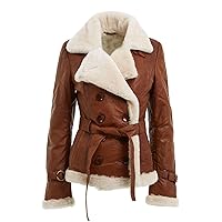 Women’s Tan Double Breasted Real Shearling Sheepskin Leather Pea Coat