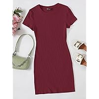 Summer Dresses for Women 2022 Solid Rib-Knit Bodycon Dress Dresses for Women (Color : Maroon, Size : Small)