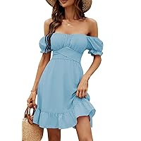 LYANER Women's Off Shoulder Puff Short Sleeve Ruffle High Waist Summer Mini Dress