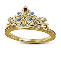 14K Yellow Gold Plated 925 Sterling Silver Multi-Color CZ Round Belle Princess Crown Ring