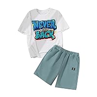 Boy's 2 Piece Letter Graphic Short Sleeve Round Neck Drop Shoulder Pullover Tee Top and Track Shorts Sets