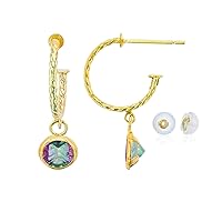 14K Yellow Gold 12mm Rope Half-Hoop with 4mm Round Gemstone Bezel Drop Earring with Silicone Back