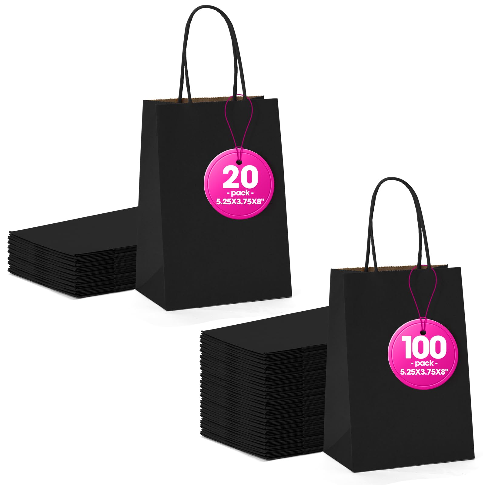 MESHA Black Gift Bags 5.25x3.75x8 Inches 100Pcs & 20Pcs Paper Bags with Handles Small Shopping Bags,Wedding Party Favor Bags