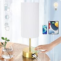 Yarra-Decor Bedside Lamp with USB A+C Charging Ports & AC Outlet Touch Control Table Lamp for Bedroom 3 Way Dimmable Nightstand Lamp with Pleated Shade for Home Office, Dorm(Bulb Included)